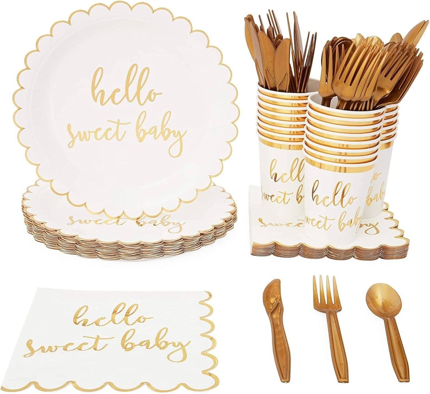 Hello Sweet Baby Shower Supplies, juego de vajilla (144 piezas, sirve 24)
