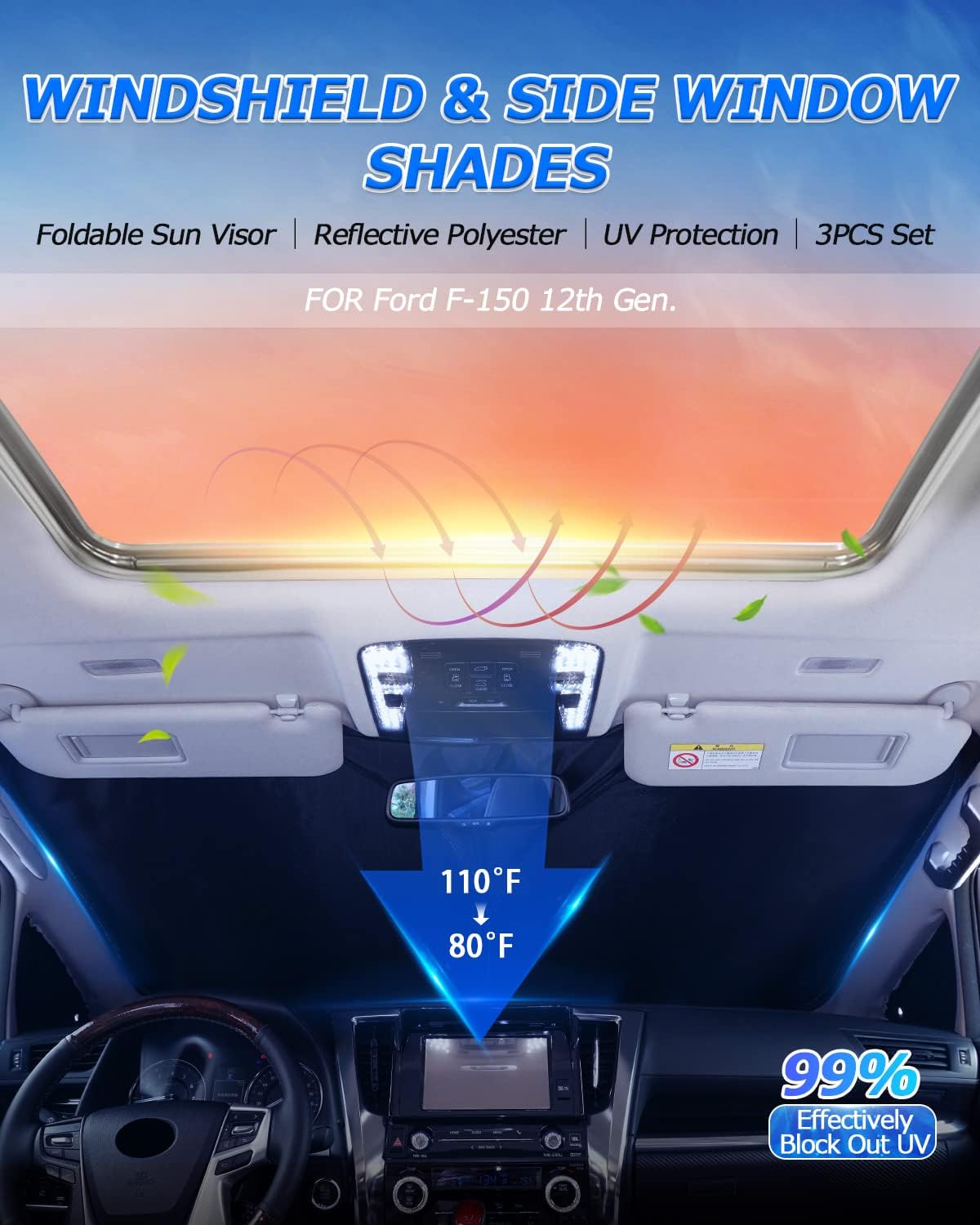 Karltys Parasol para Ford F-150 2009-2014 F150, accesorios para parabrisas, cubierta plegable para ventana lateral delantera, doble capa 210T,
