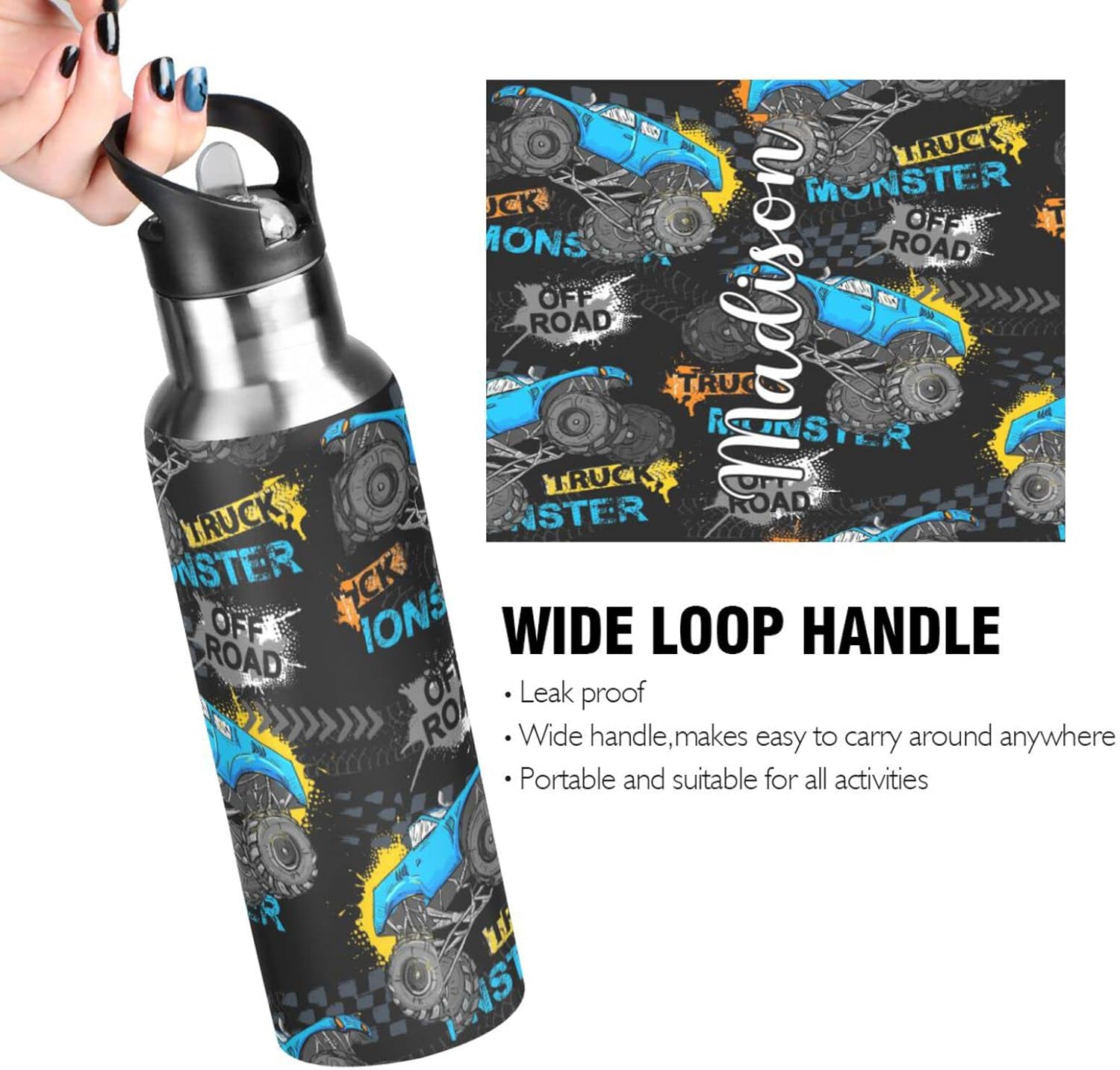Botella de agua deportiva personalizada con nombre Monster Truck Tires Botella aislada de acero inoxidable personalizada para escalada Frasco de