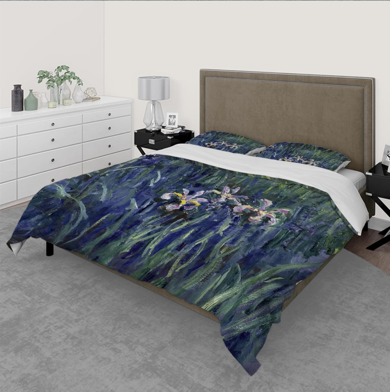 Claude Monet Funda nórdica de Flor púrpura 3 piezas juego de ropa de cama de jardín Suave y cálido con cierre de cremallera (1 funda nórdica + 2