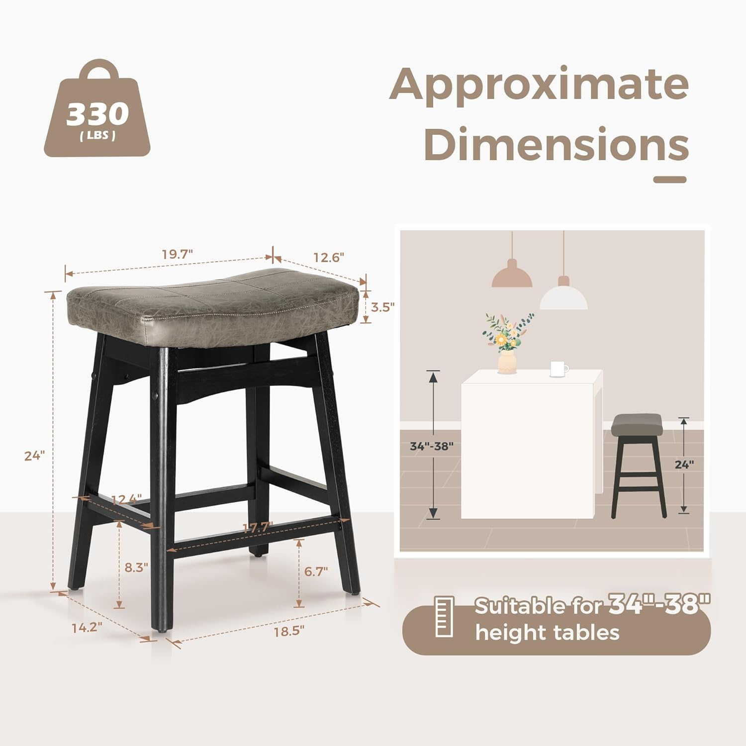 MAISON ARTS Juego de 4 taburetes de bar grises para encimera de cocina, patas de madera maciza con asiento de silla de montar de piel sintética,