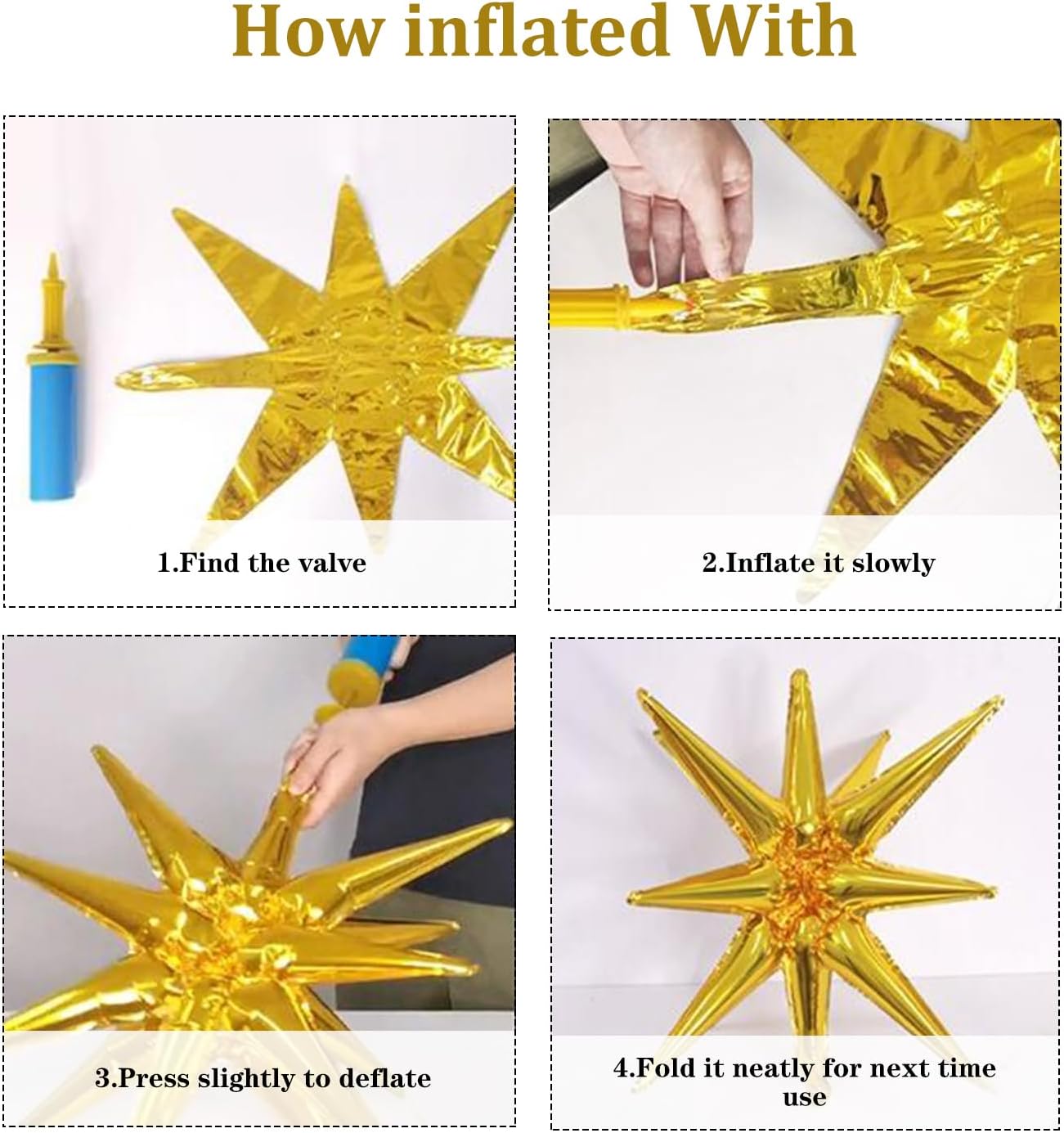 6 globos de papel de aluminio con forma de estrella, de una sola pieza, globos de estrella de 14 puntas 4D, conos de estrella de Mylar de 22