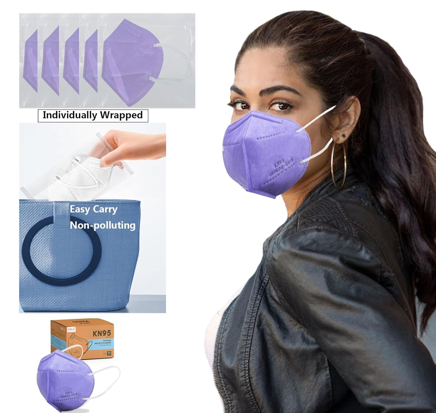 Mascarilla KN95, 50 unidades, envueltas individualmente, mascarillas desechables de 5 capas moradas para adultos, eficiencia del filtro del 95 %,