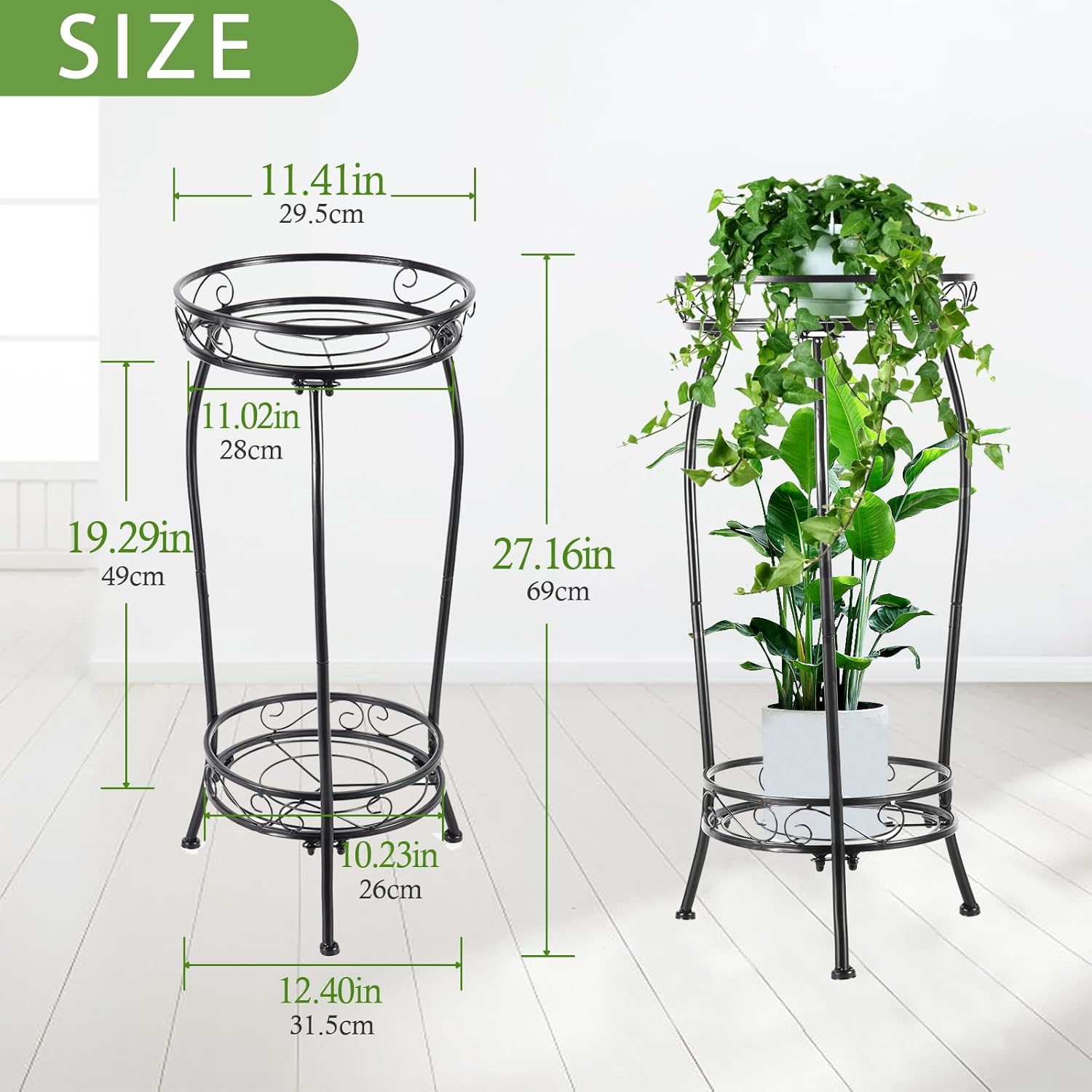 Soporte para plantas para interiores y exteriores, 2 niveles de 27 pulgadas de alto, soporte de metal para maceta, soporte resistente para plantas,