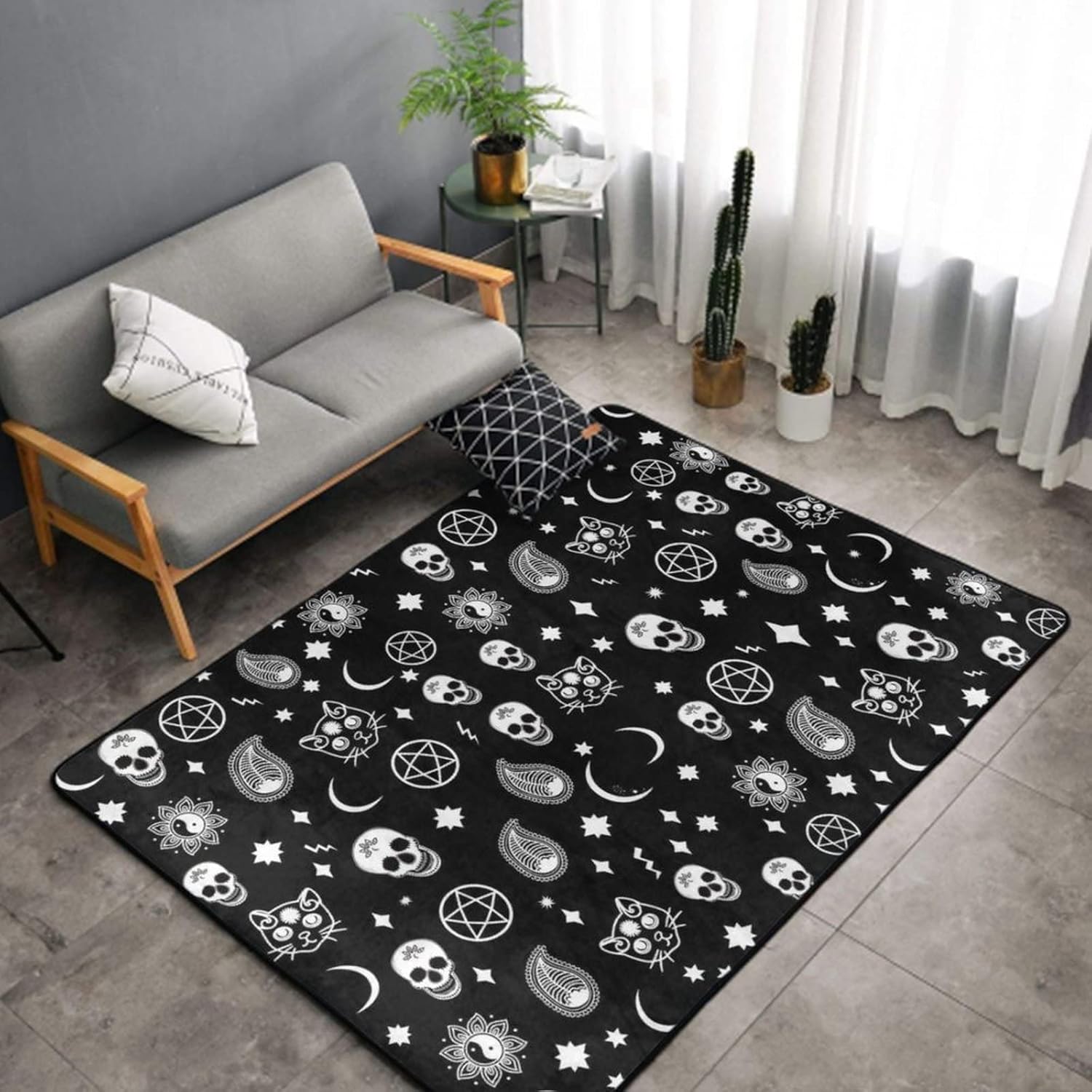 Alfombra antideslizante para lavandería, tapete de cocina de granja, baño, lavandería, accesorios de decoración (calavera, gato, luna, patrón