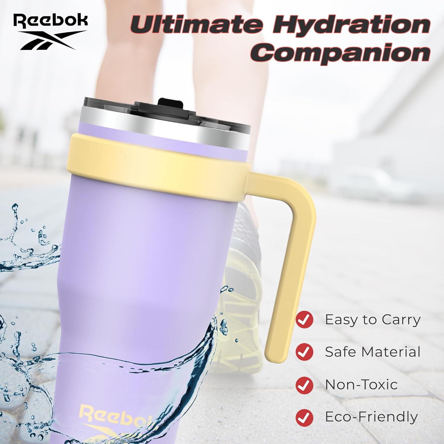 Reebok Vaso de acero inoxidable con asa, vaso de 40 onzas, dos tonos, doble pared aislado al vacío, vaso a prueba de fugas para hombres y mujeres