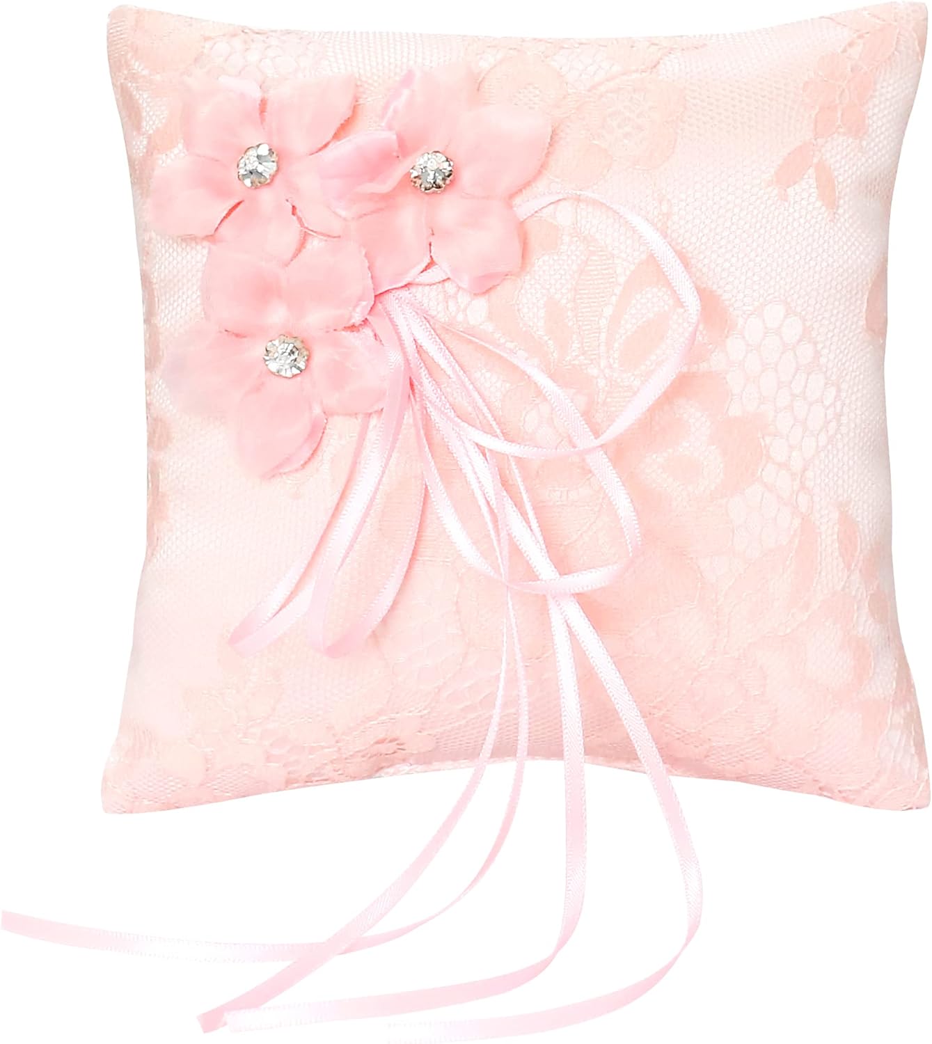 Almohada de anillo rosa con encaje para portador de anillos de 5.9 x 5.9 pulgadas, hecha a mano con diamantes de imitación de flores, almohada para