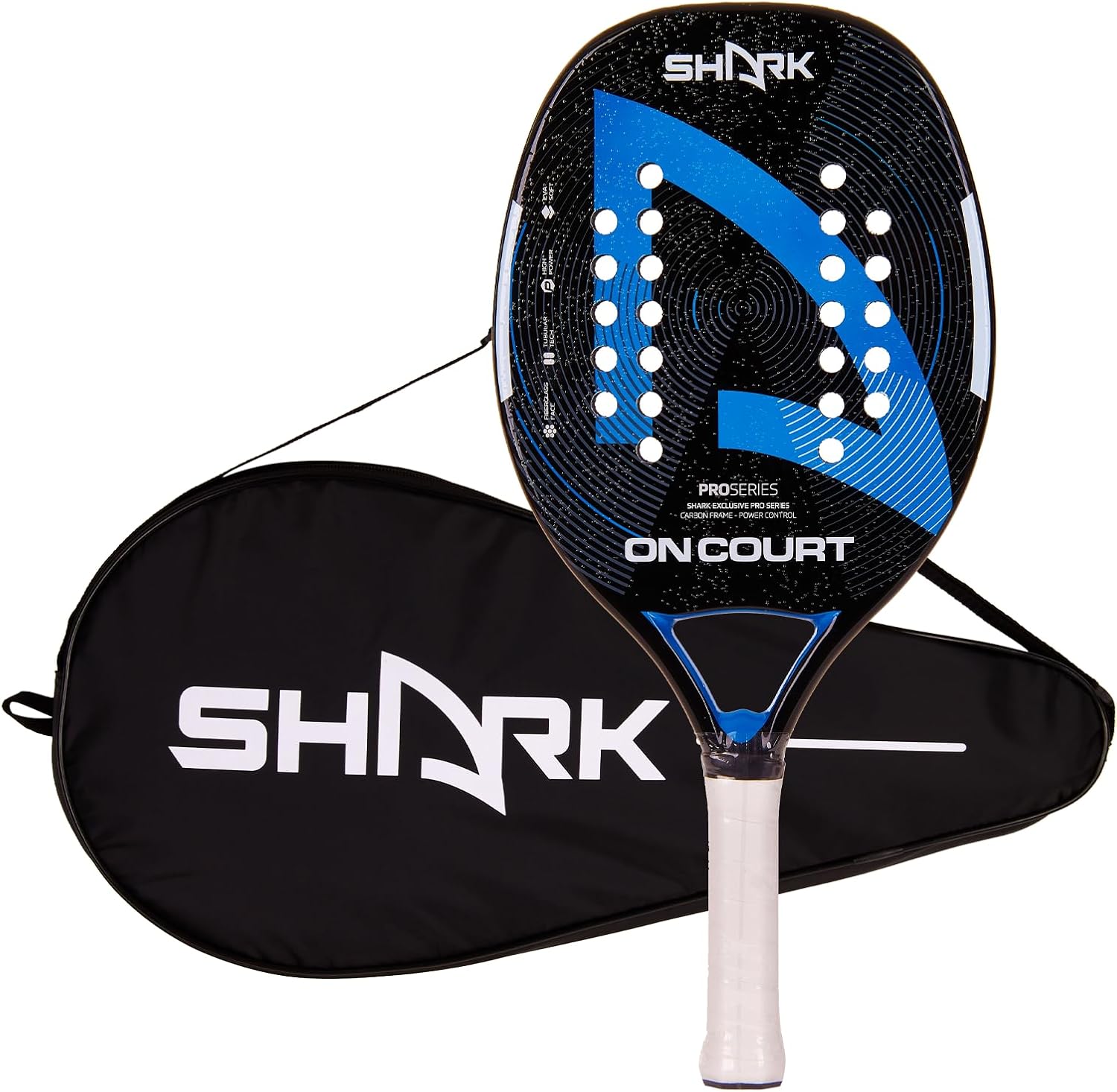 Shark On Court – Raqueta profesional de tenis de playa  Marco de carbono, cara de fibra de vidrio, grosor de 0.866 in  Nivel intermedio  Giro,
