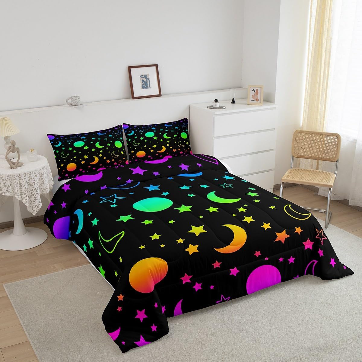 Erosebridal Juego de edredón para niñas, tamaño King, galaxia, estrellas, arcoíris, espacio, con relleno de edredón negro, morado, rosa, verde