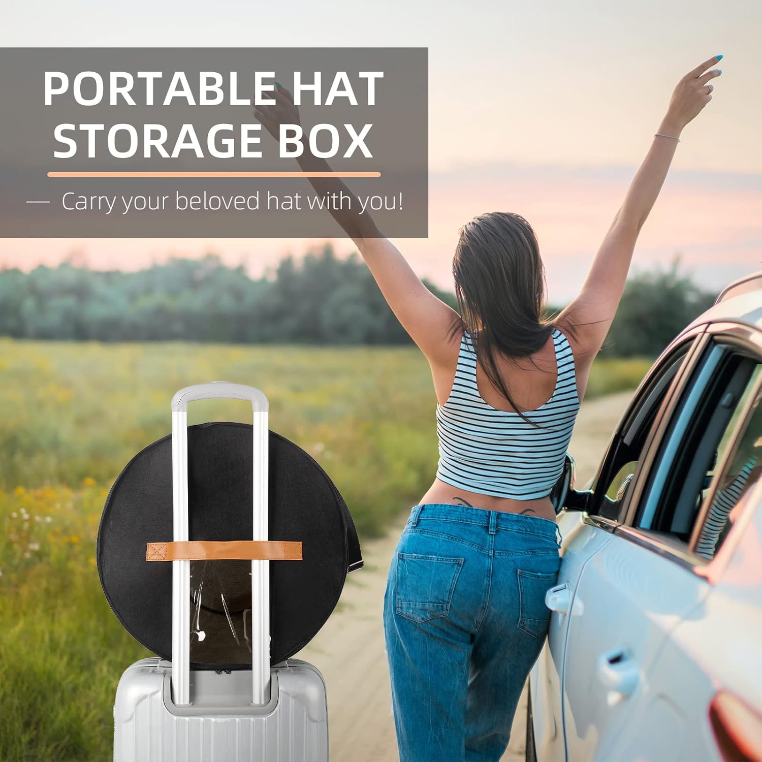 Caja de almacenamiento para sombreros redondos, cajas portátiles de fieltro para mujeres y hombres con tapa translúcida a prueba de polvo y correa