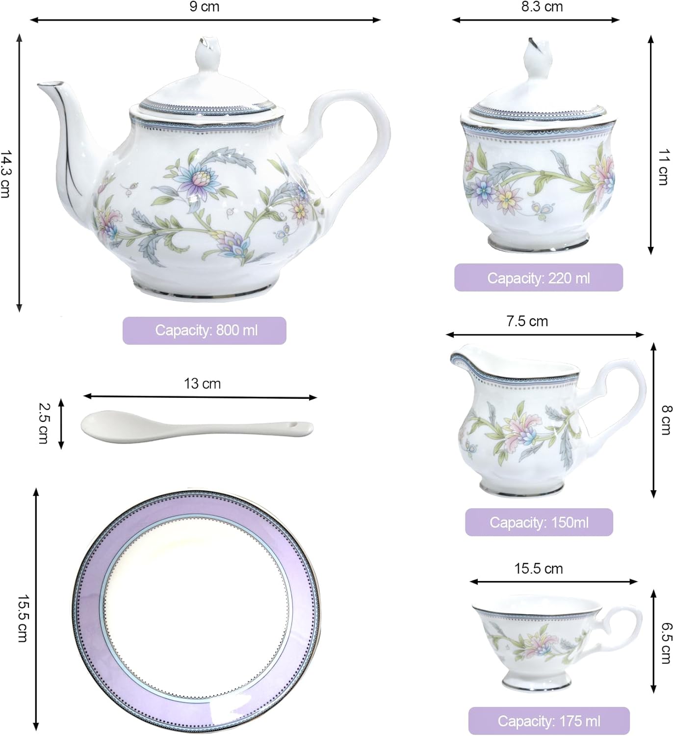 Juego de té de porcelana de hueso, juego de té de porcelana de 21 piezas para adultos, tazas de té y platillos para 6, con tetera, cucharas,