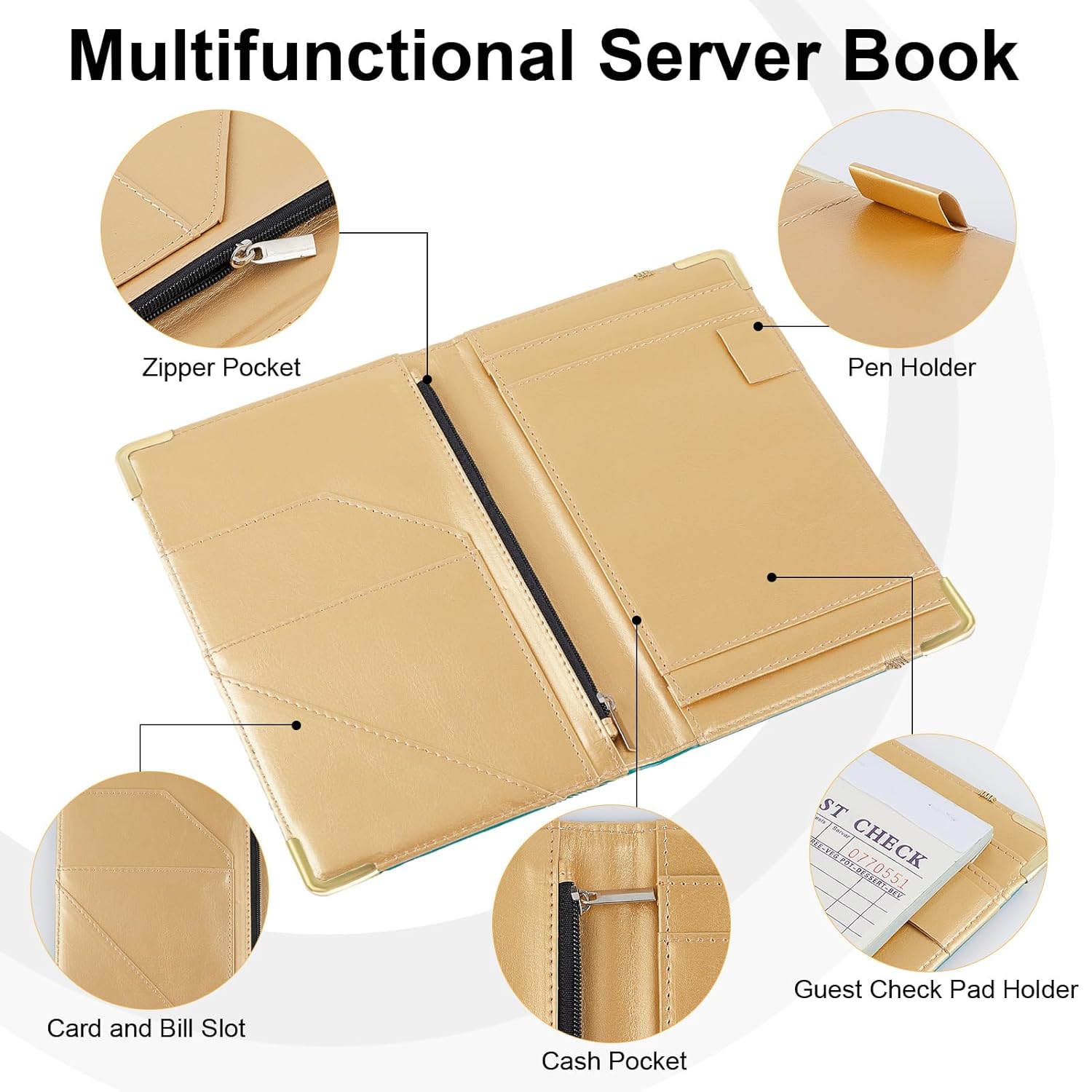 Libro de camarera, libros de mesera para camarera con bolsillo con cremallera, libro negro para camarera, bloc de notas con bolsillo para dinero y