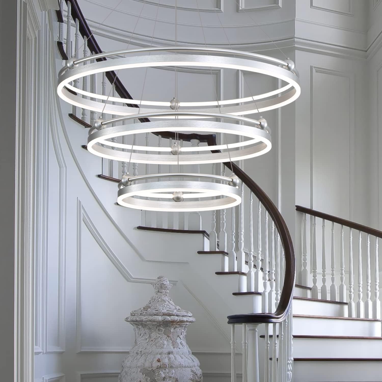 Candelabro LED moderno de 3 anillas, plateado, regulable, 230 W, 3 puntos luminosos, altura ajustable, cables de 59 pulgadas, adecuado para salas de