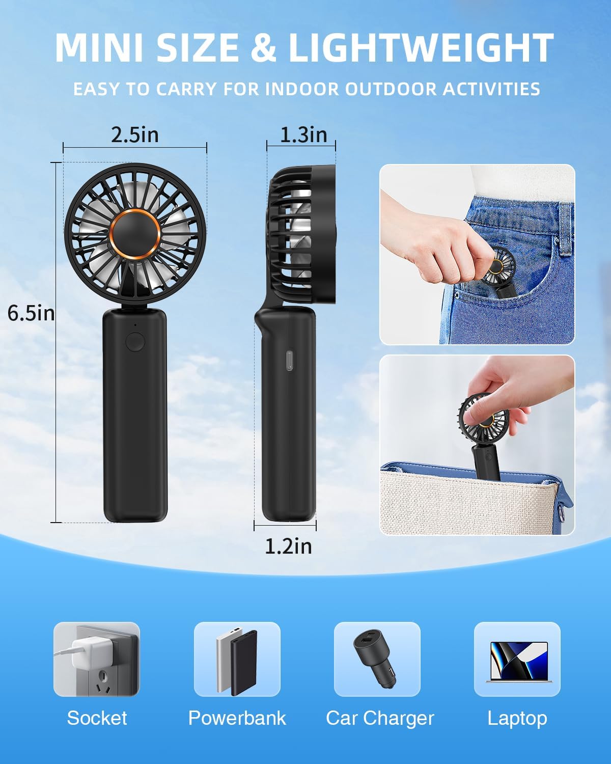 Hssio Ventilador de mano portátil, mini ventilador de escritorio plegable de 2000 mAh, rotación de 180, 3 velocidades, ultra silencioso, hasta 8