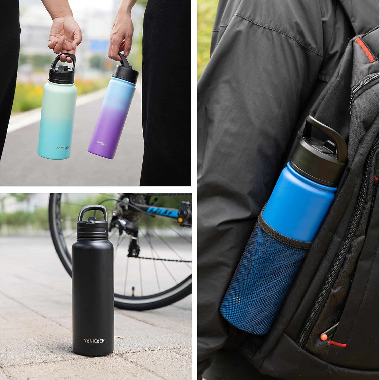 Botella de agua aislada con pajilla, termo de acero inoxidable de 22 onzas, vaso térmico de doble pared con 3 tapas a prueba de fugas, botella de