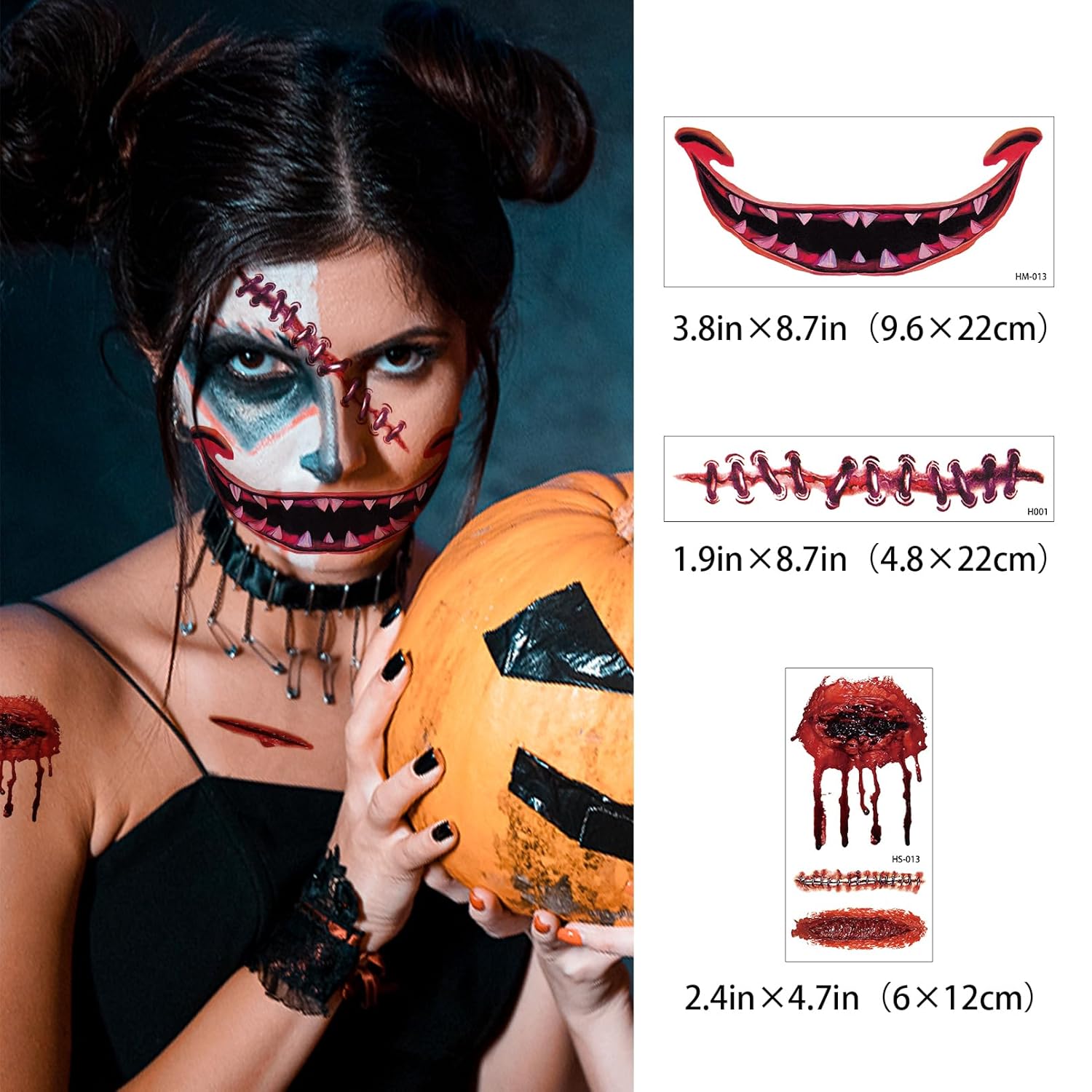 Más de 75 piezas de 21 hojas de tatuajes de Halloween para niños y adultos, tatuajes de maquillaje de zombies, tatuajes de broma de Halloween,