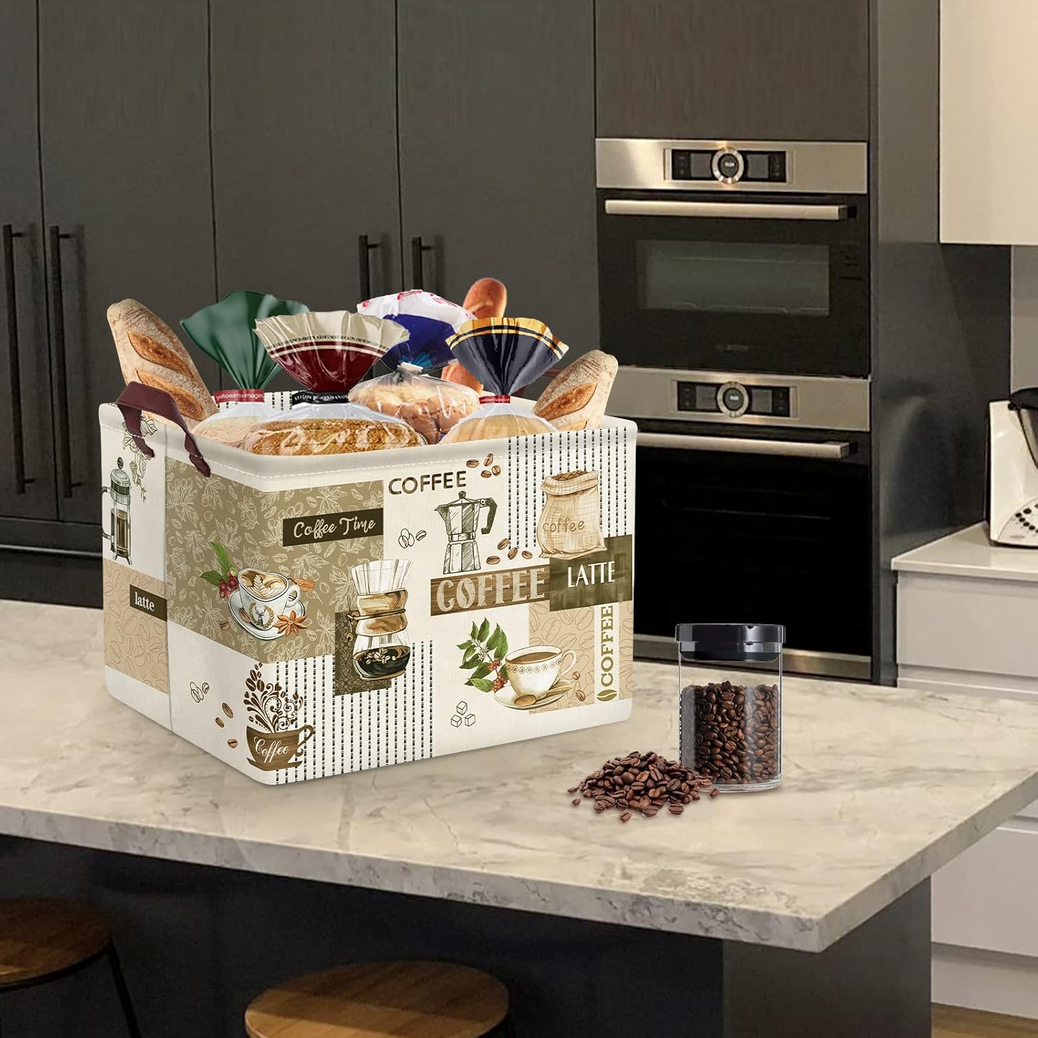 Clastyle Cesta de almacenamiento grande con temática de café, taza de granos de café, aperitivos, cocina, cesta rectangular marrón para ropa, libro