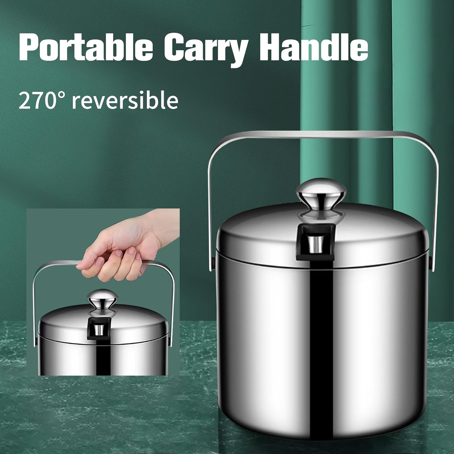 Cubo de hielo con doble aislamiento de acero inoxidable 304 con tapa, colador, mantiene los cubos de hielo fríos y secos, cómoda asa de transporte