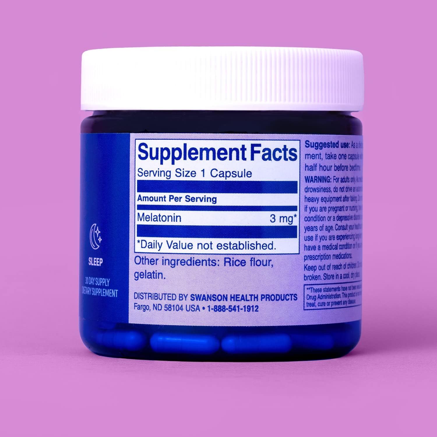 Swanson WIO melatonina 101 para un mejor sueño, relajación, apoyo del ciclo del sueño circadiano, 3 mg de melatonina, bienestar mental, botella de 4