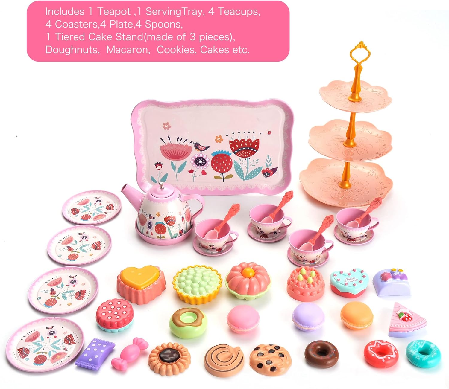 PowerTRC Juego de 48 piezas de fiesta de té de princesa para niños, juego de té de lujo que incluye postres, galletas, aperitivos, tetera, tazas y