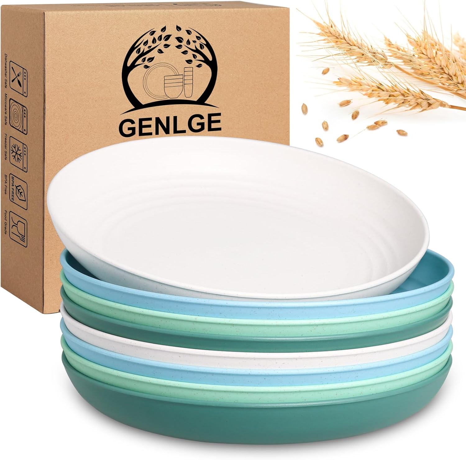 GENLGE Juego de 8 platos de paja de trigo de 10 pulgadas, platos de cocina aptos para microondas, platos reutilizables irrompibles para exteriores,