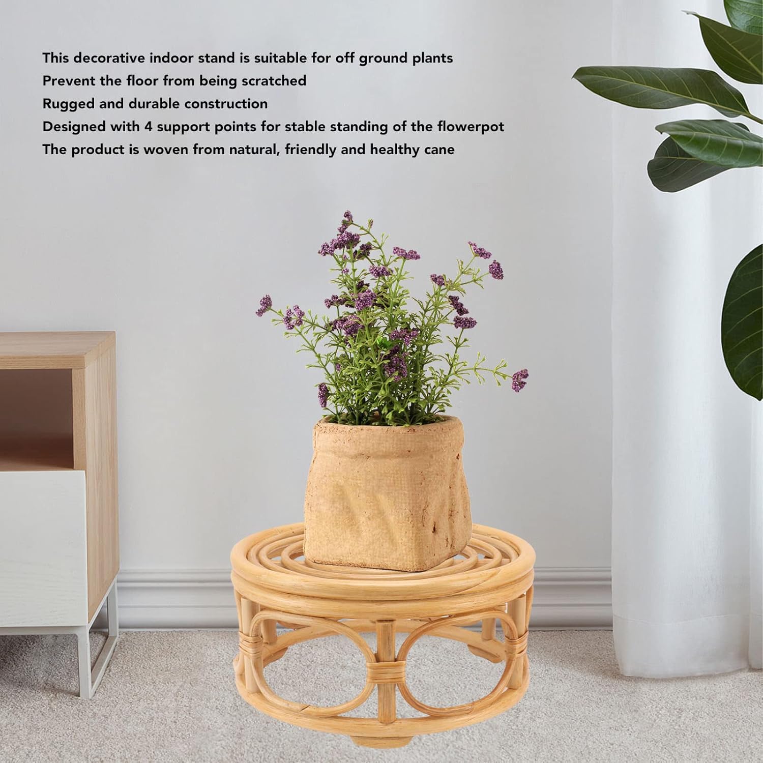 Pequeño soporte redondo bohemio para plantas de ratán para interiores, soporte rústico para plantas de granja, para el hogar, cocina, mesa,