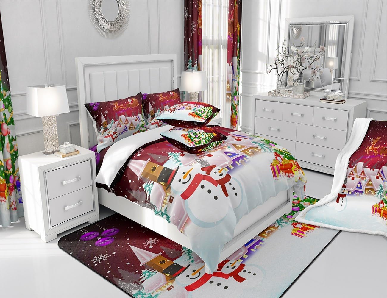 Manfei Juego de edredón de Navidad, tamaño King, juego de ropa de cama de árbol de Navidad de muñeco de nieve, 3 piezas para decoración de