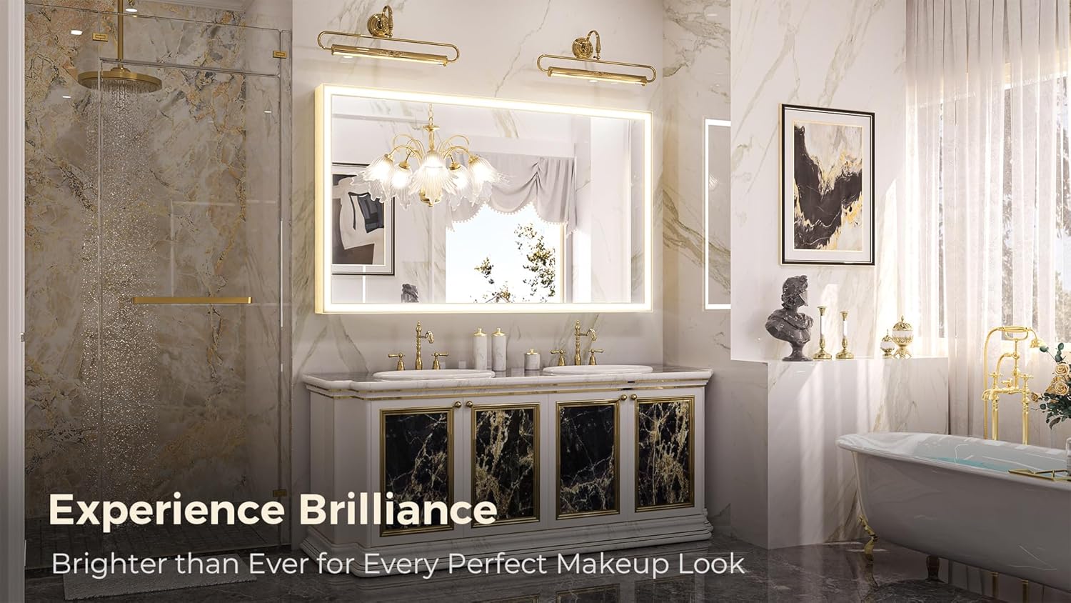 Keonjinn Espejo de baño LED dorado de 60 x 36 pulgadas con parte delantera, luz en ángulo de 45, difusor biselado, espejo de pared dorado con marco
