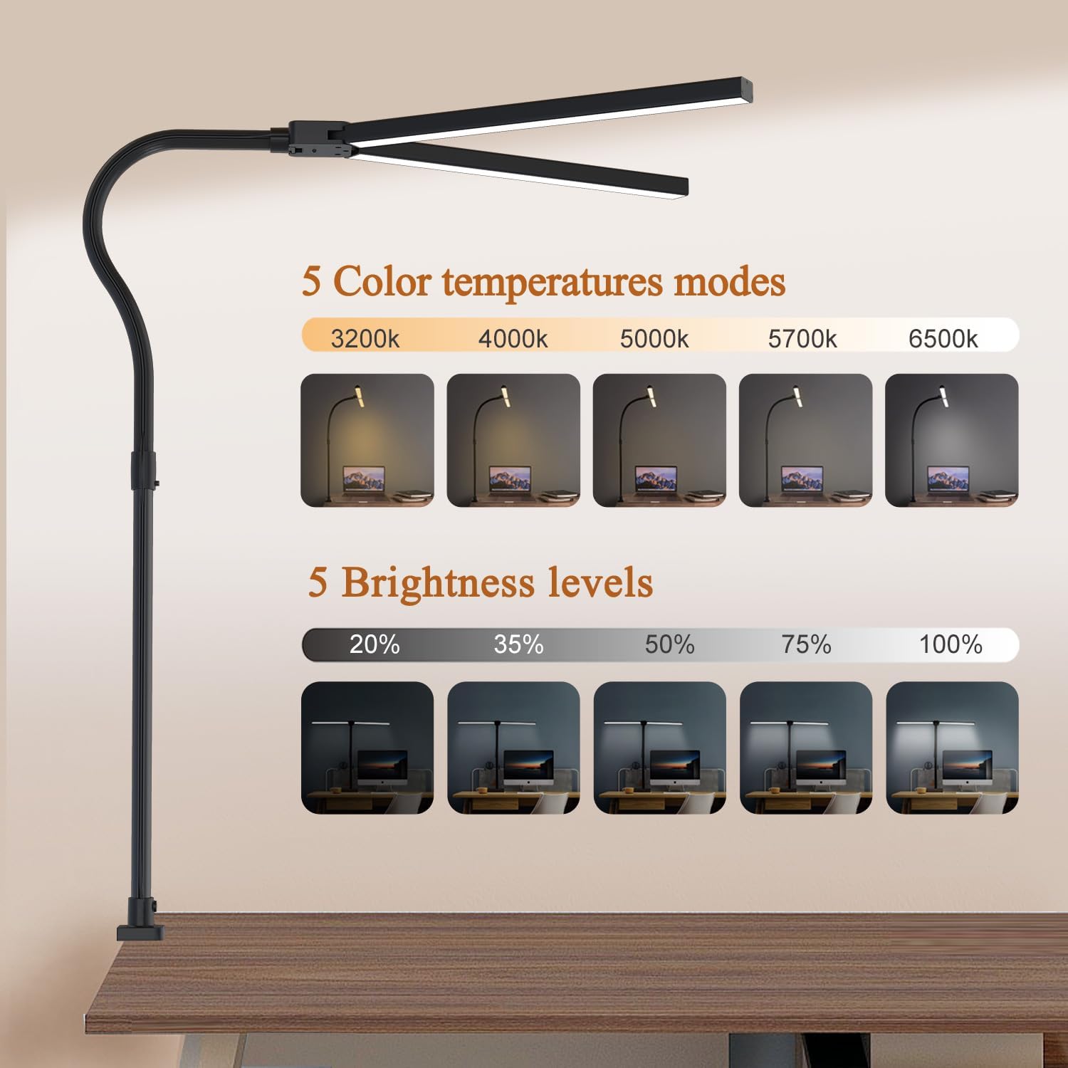 Lámparas LED de escritorio para oficina en casa, lámpara de escritorio de doble cabezal de 24 W con abrazadera, 5 colores 5 de brillo, luz de mesa