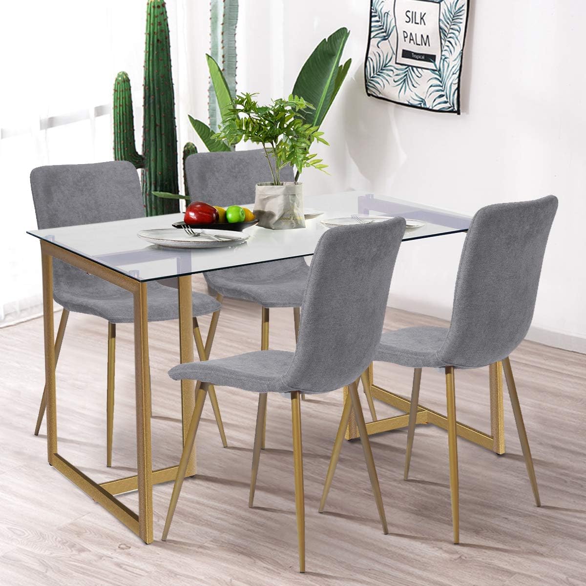Juego de 4 sillas de comedor, juego de sillas premontadas tapizadas con patas doradas, tela moderna para comedor, cocina, 17.3 pulgadas de ancho x