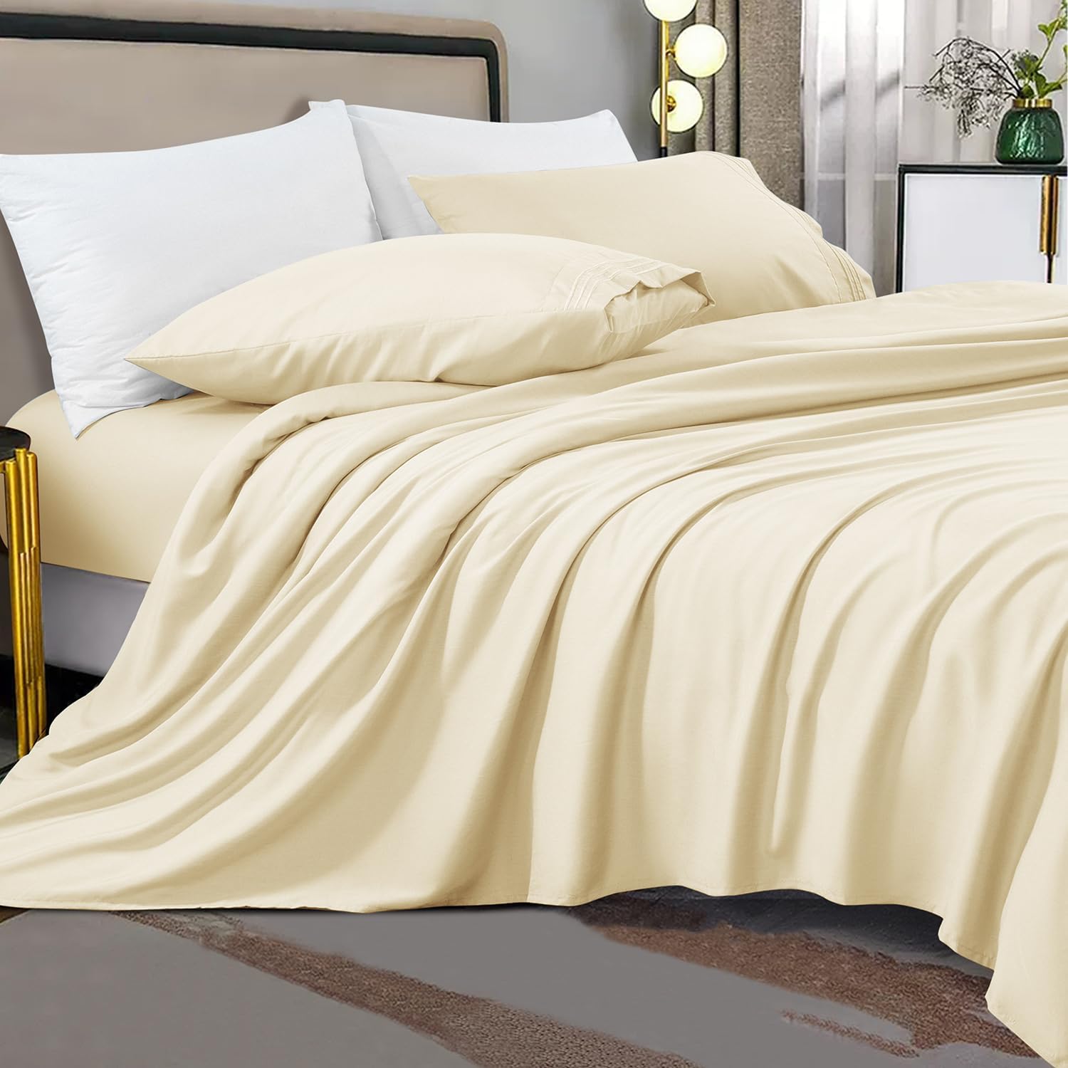 Juego de sábana para cama Shilucheng de microfibra y 1800hilos egipcios. Sábanas super suaves con bolsillos profundos de 16 pulgadas,