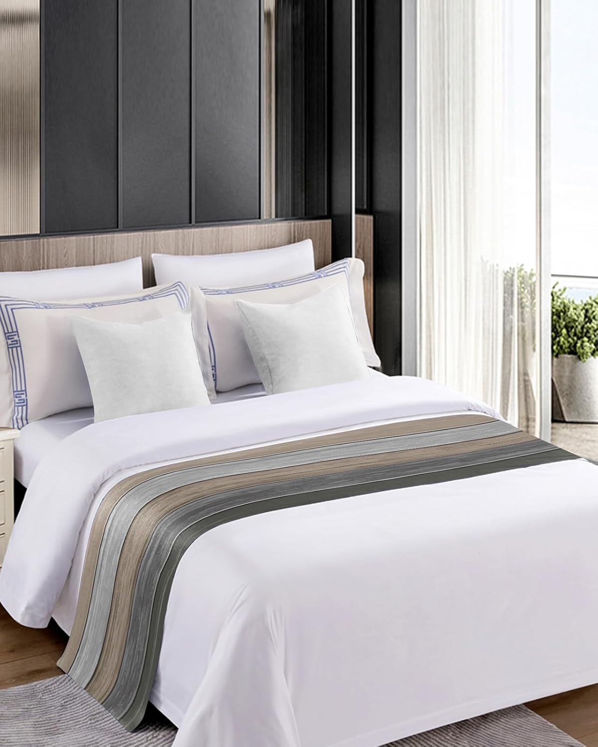 Camino de cama tamaño Queen, estilo rústico de grano de madera gris degradado, bufandas decorativas, estilo campestre vintage, camino de cama suave