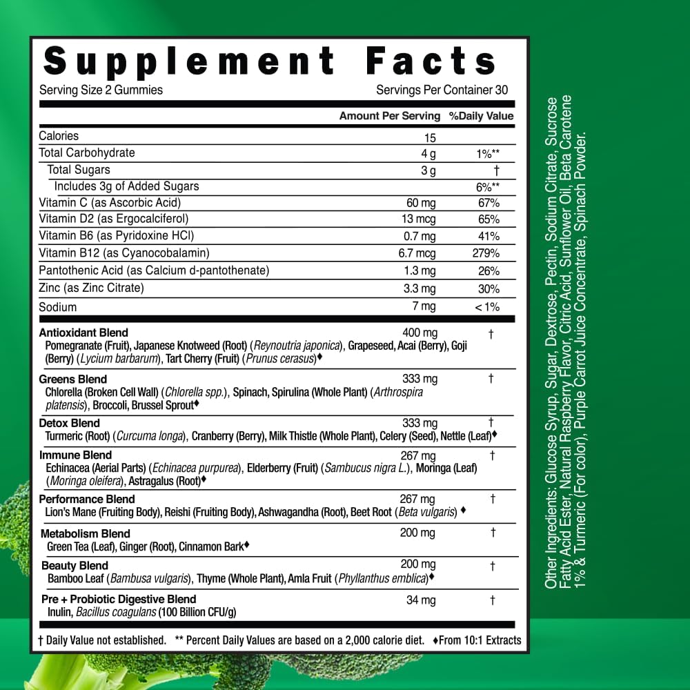 Basic Nutrition SuperGreens – Gomitas mezcladas con vitaminas esenciales, sabor natural a frambuesa, apoya las funciones digestivas, hepáticas e