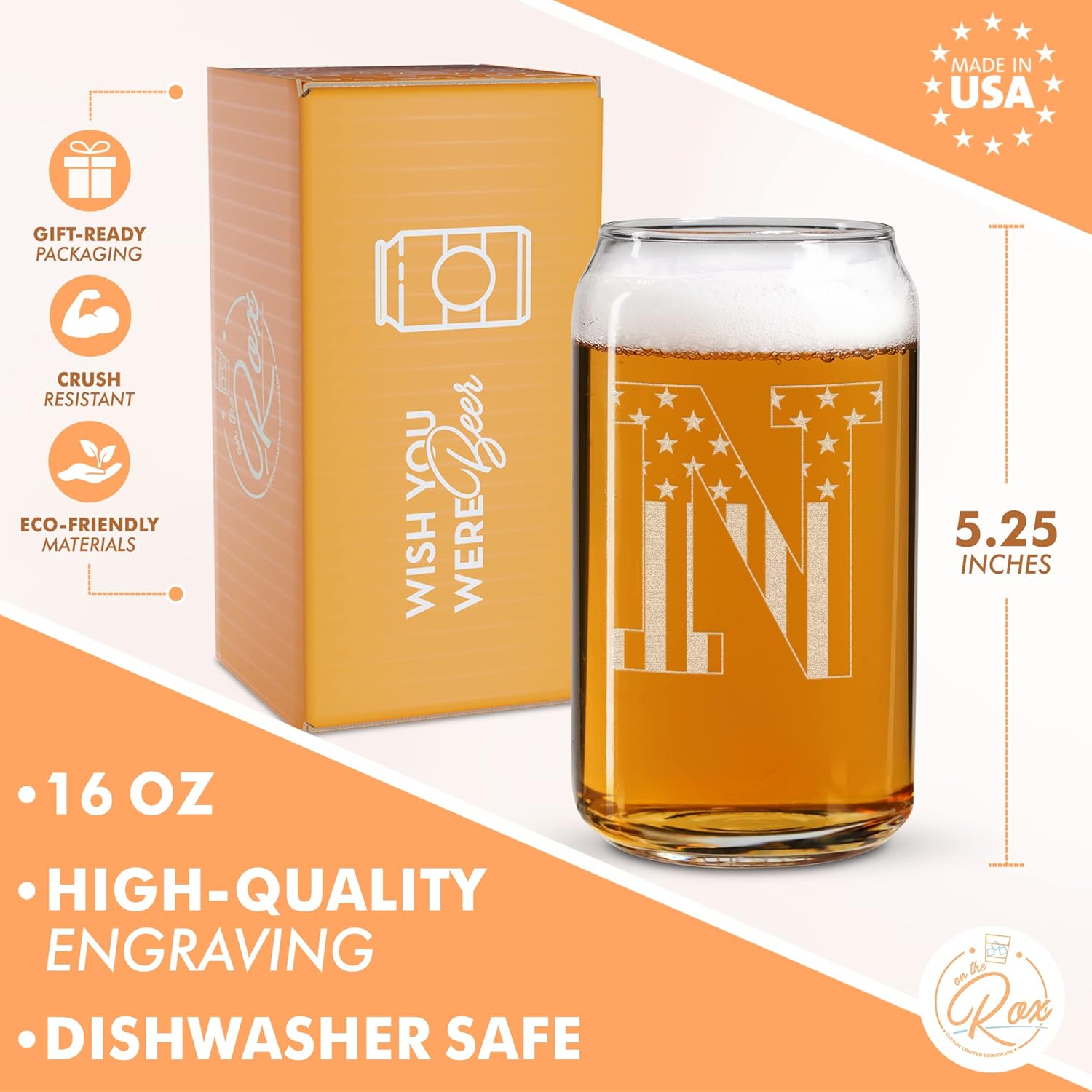 Vaso en forma de lata de cerveza con monograma grabado – bandera de EE.UU.