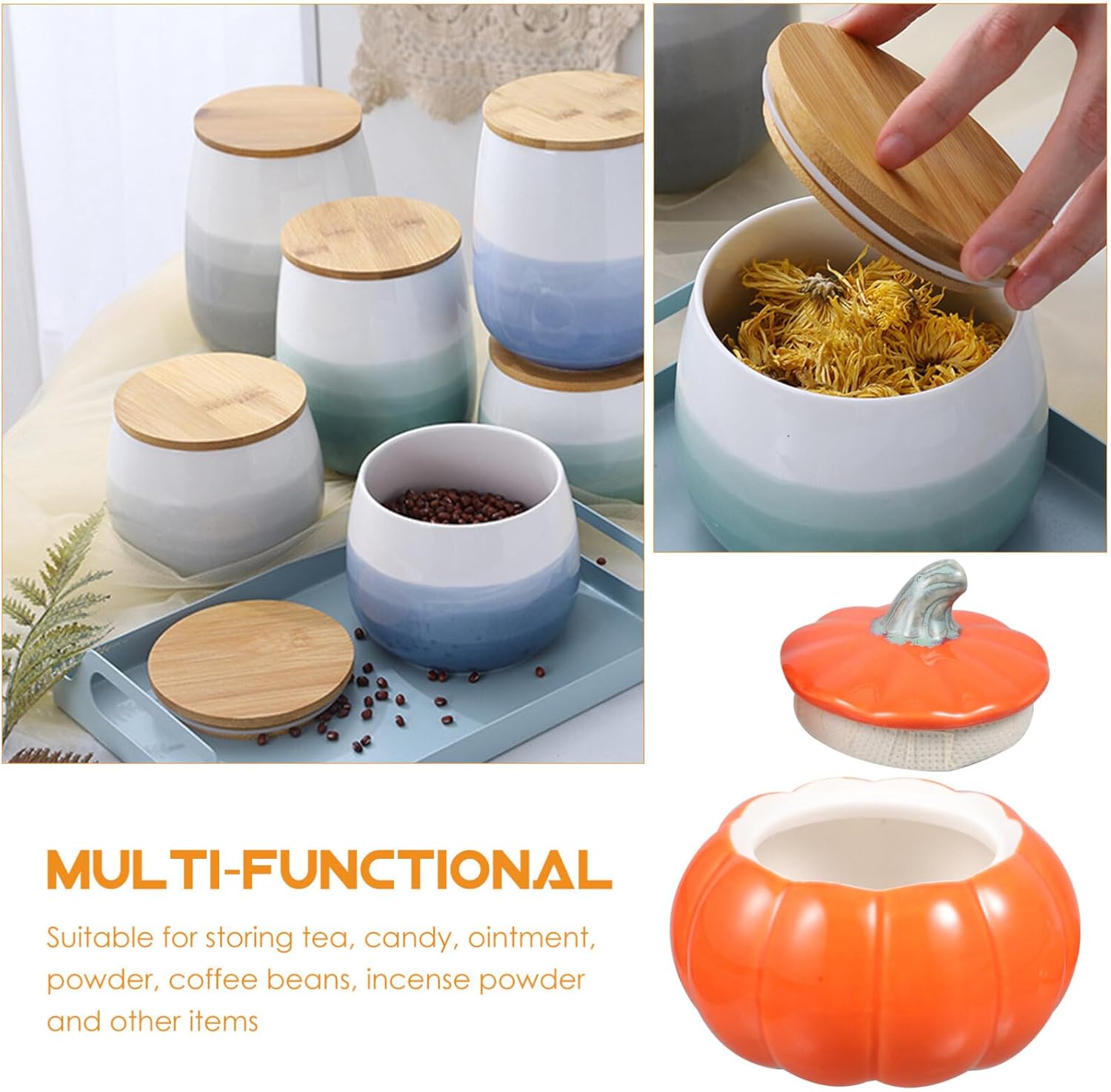 Luxshiny Recipiente con forma de calabaza, tarro de almacenamiento de té, tarro de cerámica para dulces con tapa, tarro de calabaza, contenedor de