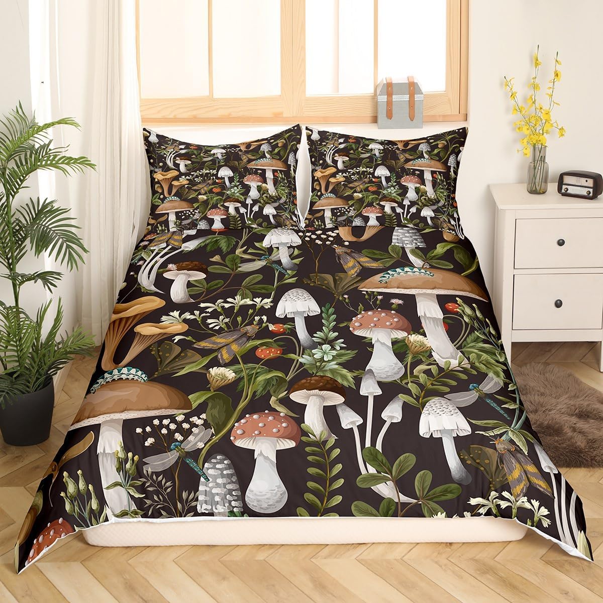 Castle Fairy Juego de funda de edredón de hongos, tamaño King, 3 piezas, diseño de hojas botánicas de acuarela, bonito juego de ropa de cama de