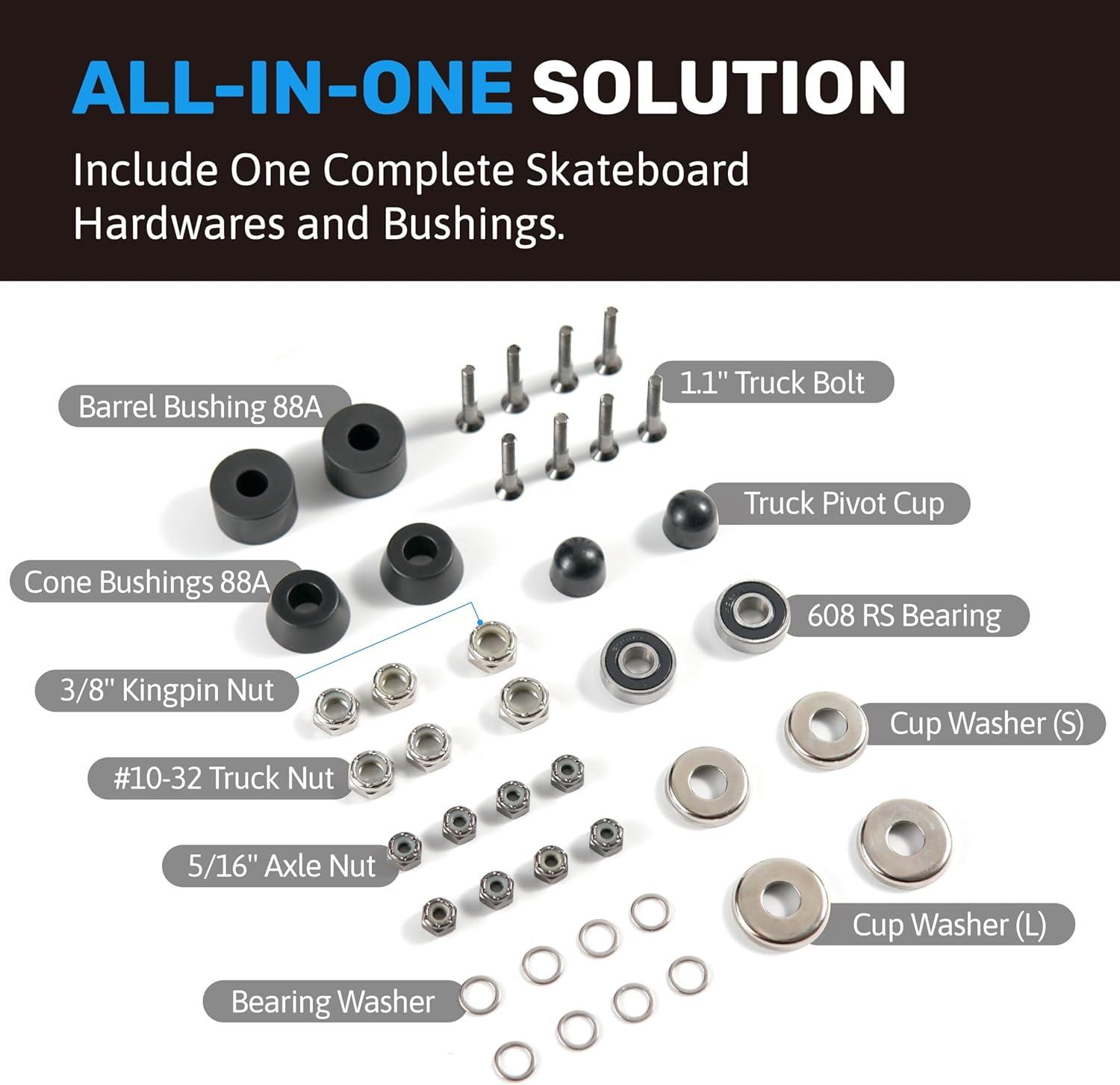 ELOS Kit de hardware para monopatín – Accesorios de montaje para camiones, rodamientos de patineta 608, bujes de monopatín, pivote, tuercas de