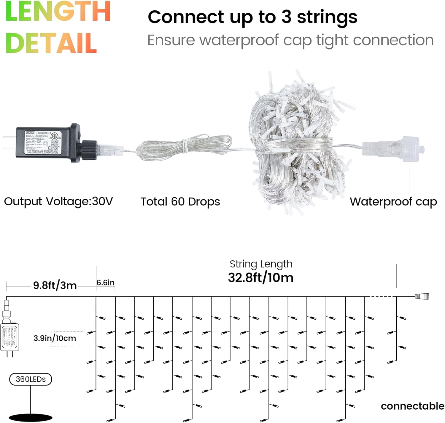 Hopolon Luces LED de carámbano de Navidad de 33 pies, 360 L, impermeables, 8 modos de iluminación, con 60 gotas, luces de Navidad para bodas,