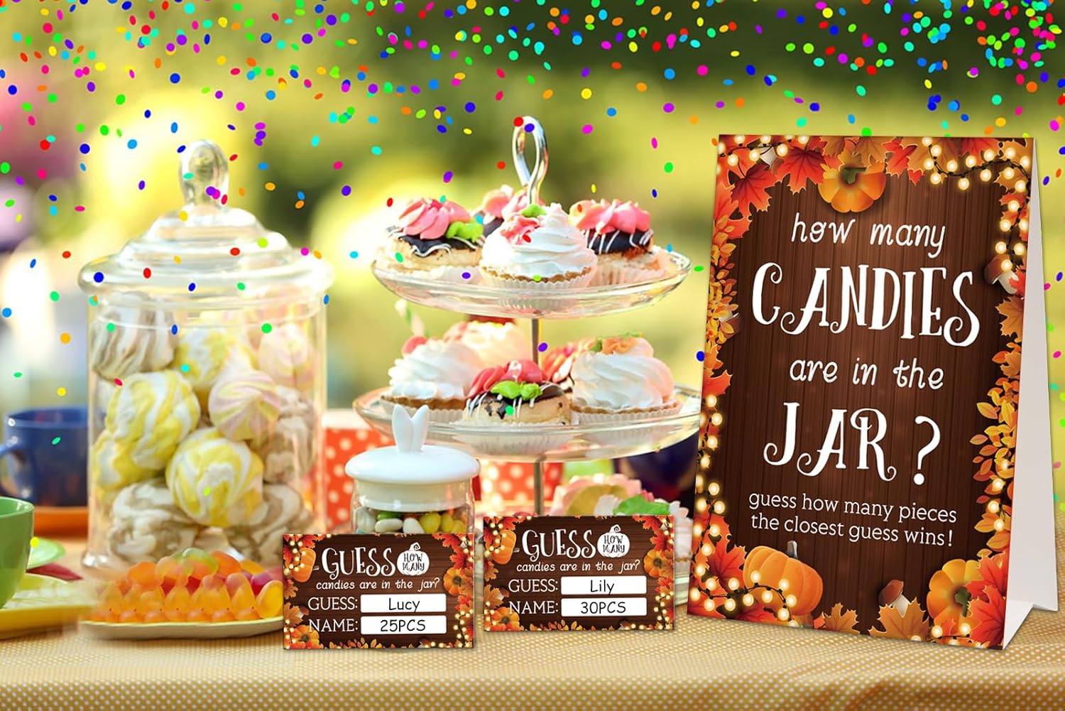 FaCraft Guess How Many Candies Are in the Jar – 50 unidades de calabaza de otoño para baby shower, tarjetas de juego de adivinanzas para Acción de