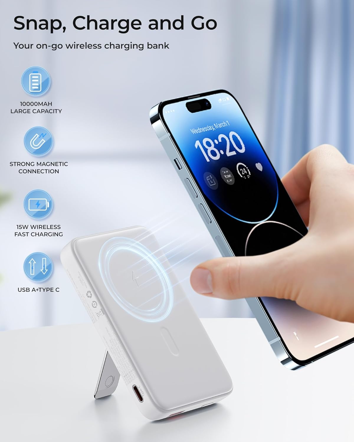BENKS Funda para iPhone 15 Plus fabricada con fibra de aramida Kevlar 600D + banco magnético MagClap StandGo de 10000 mAh