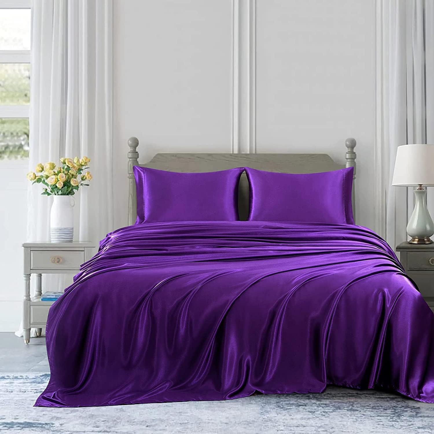 Homiest Juego de sábanas de satén de 5 piezas para cama ajustable, juego de ropa de cama de satén sedoso de lujo con bolsillo profundo, 2 sábanas
