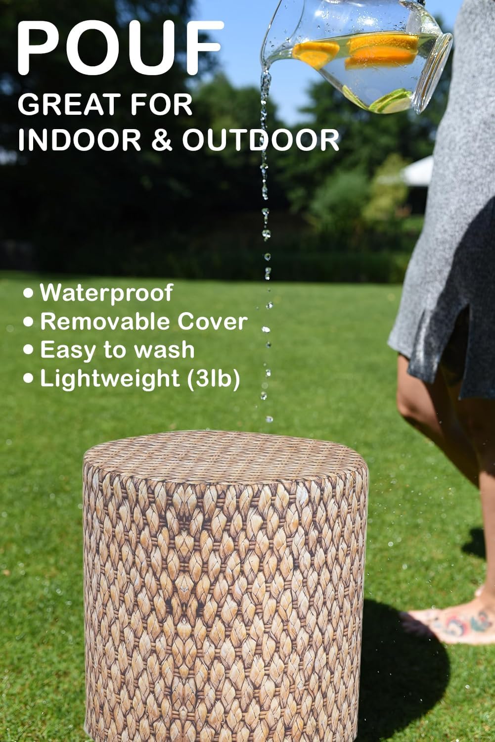 Delsit Woody – Puf otomano para exteriores, estampado de ratán, asiento redondo impermeable y ligero, hecho en Europa, reposapiés, decoración y