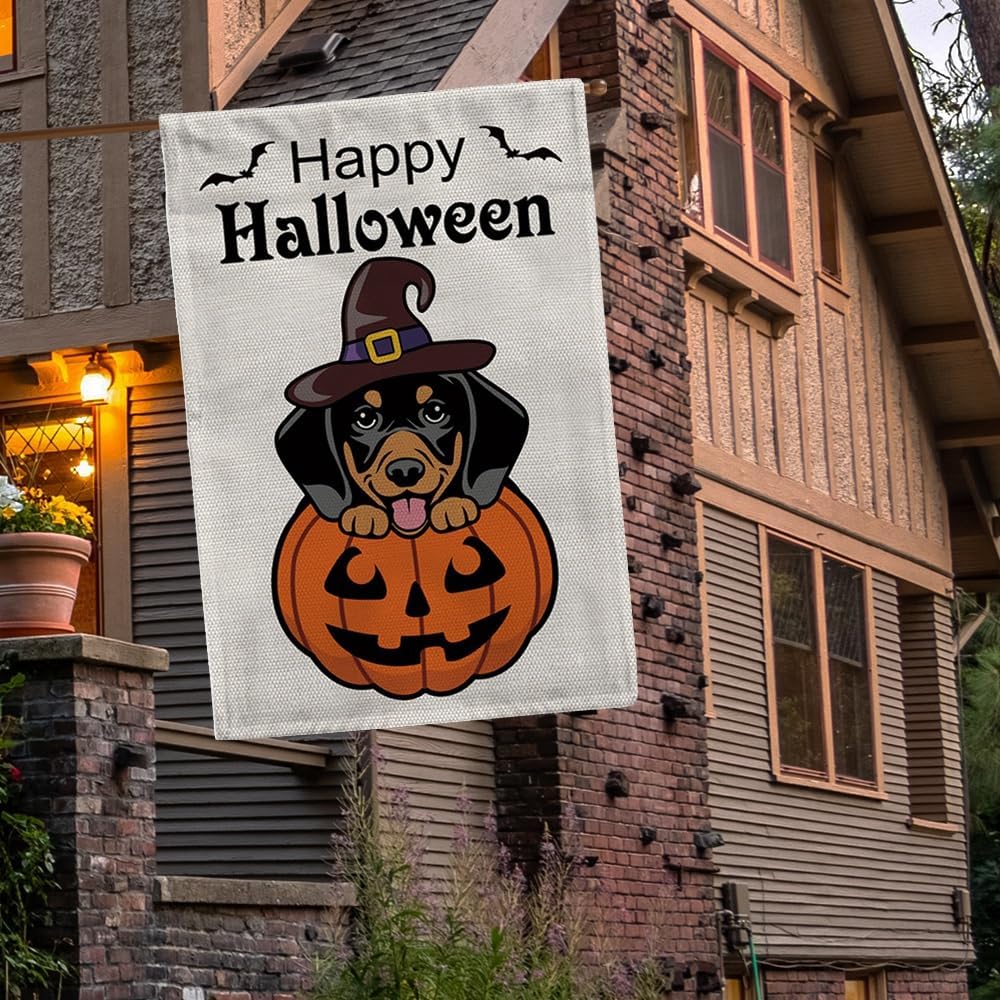 Bandera de jardín de perro Pitbull marrón sonriente de Halloween de 12.5 x 18 pulgadas, vertical de doble cara con sombrero de bruja y calabaza para