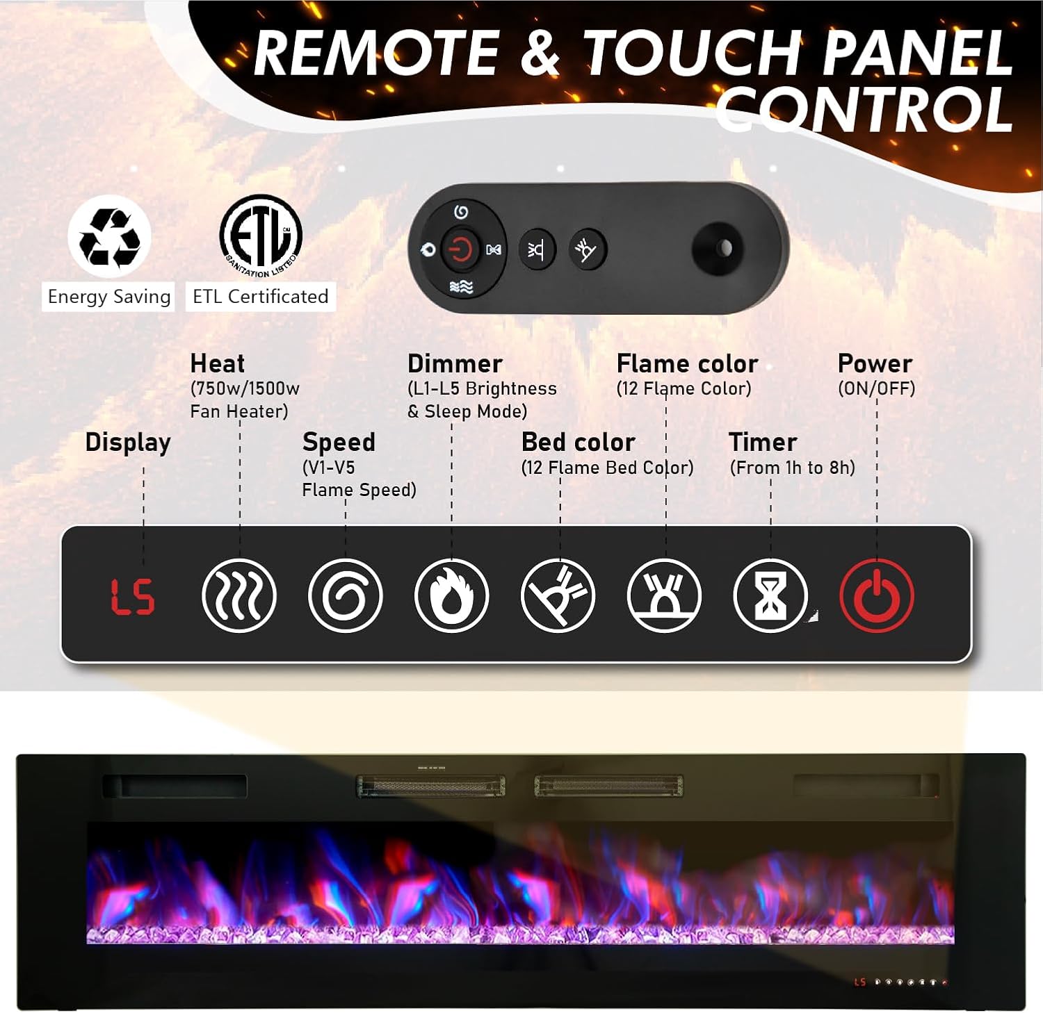 MFSTUDIO Chimenea eléctrica de 72 pulgadas con control remoto y pantalla táctil, calentador de chimenea empotrado y montado en la pared, chimenea