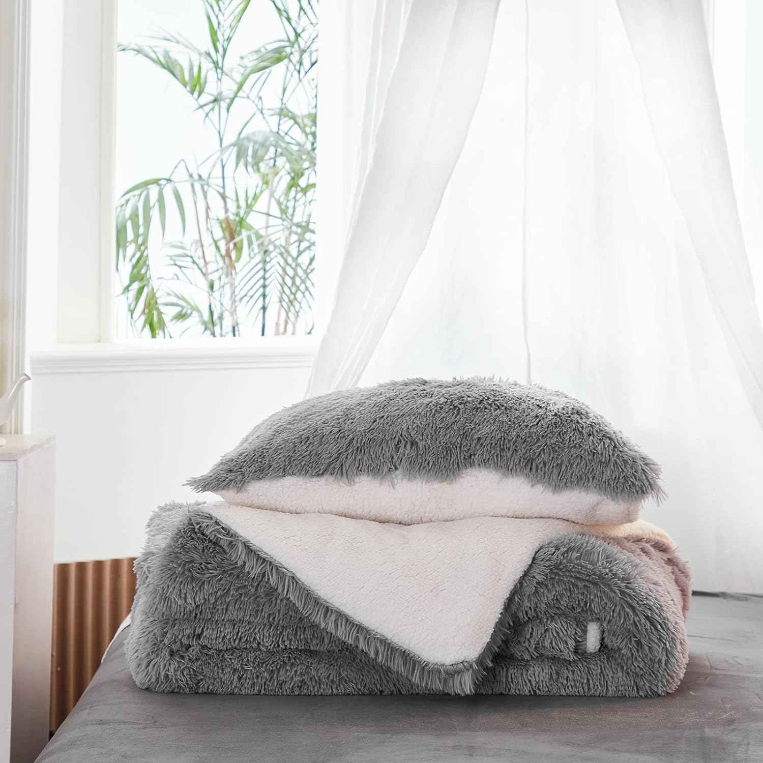 Juego de edredón de lujo de pelo sintético lanudo tamaño individual, edredón reversible de felpa y sherpa, color gris, juego de ropa de cama mullido
