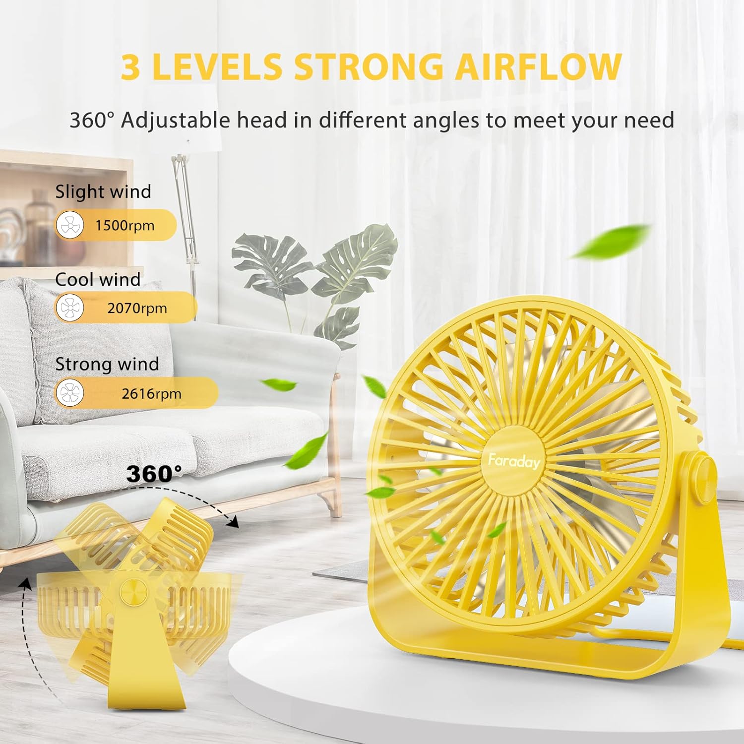 FARADAY Ventiladores de escritorio USB de 5 pulgadas, ventiladores de mesa portátiles con rotación de cabeza de 360, pequeño ventilador de