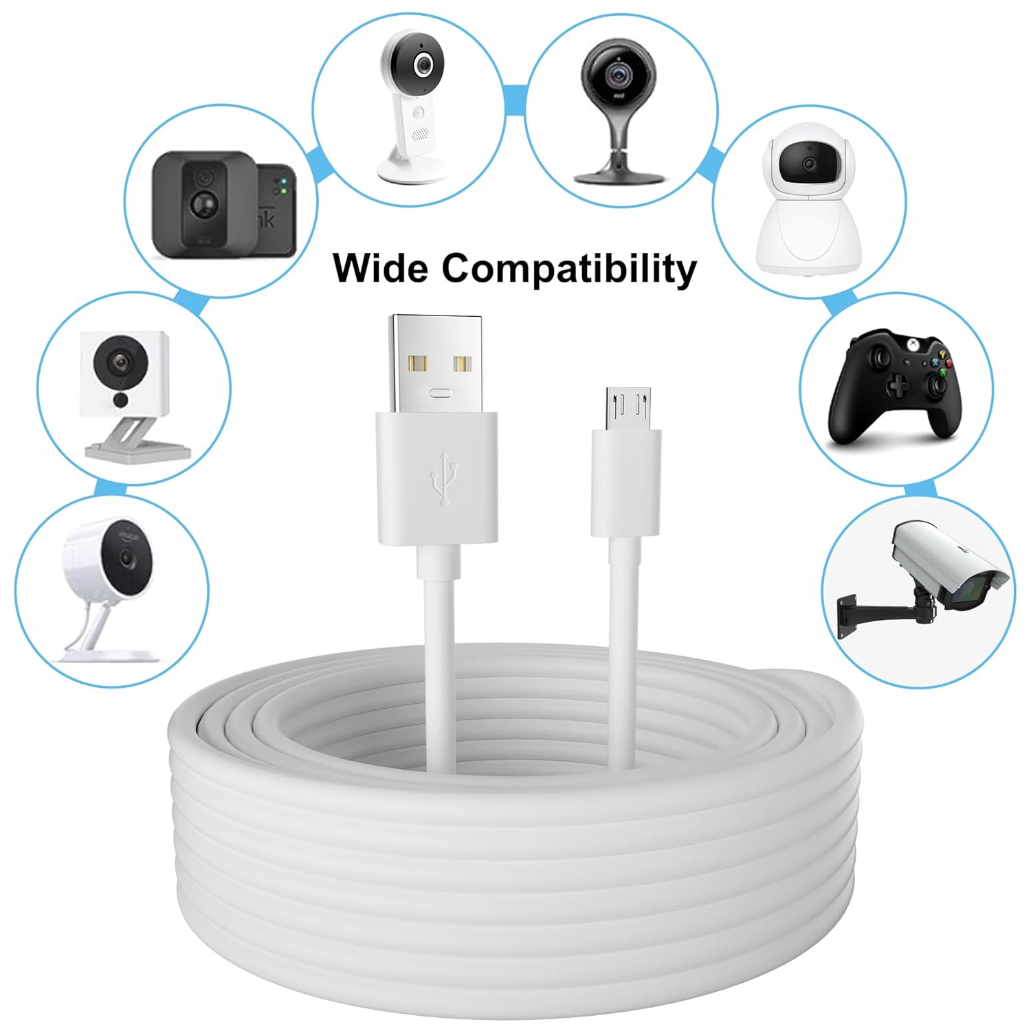 Paquete de 2 cables de alimentación de extensión USB a micro USB de 35 pies, cable de carga largo, 21 AWG OFC, cobre sin oxígeno, compatible con