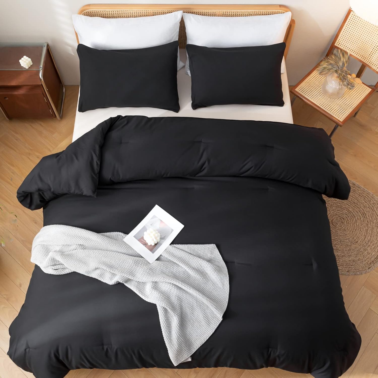 ROSGONIA Juego de edredón tamaño California King, color negro, 3 piezas (1 edredón bohemio Cal King y 2 fundas de almohada), ropa de cama para todas