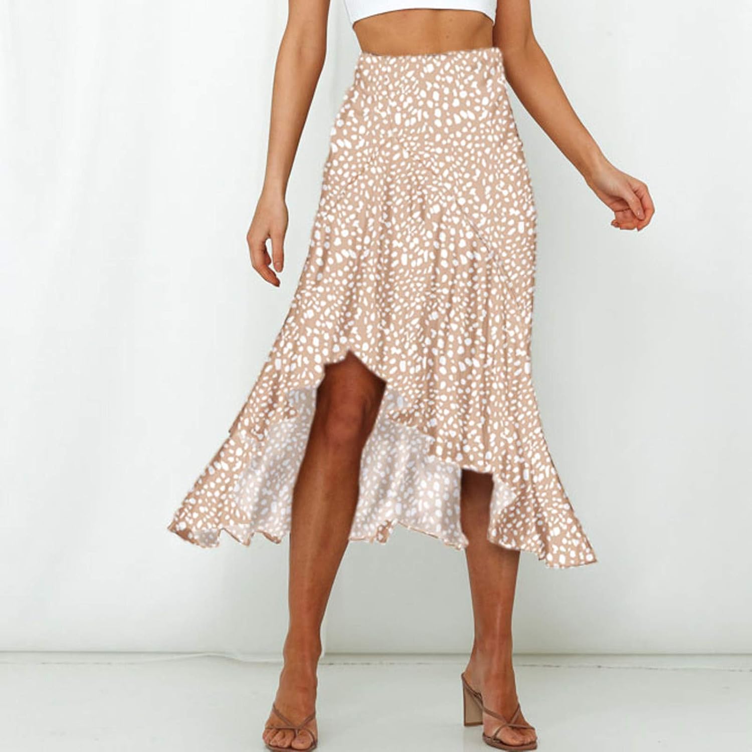 Bravetoshop – Falda midi de cintura alta con estampado floral bohemio para mujer, falda asimétrica con volantes y dobladillo acampanado