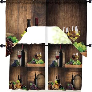 Cenefas para cocina, 3 piezas, copa de vino tinto, barril de madera, bolsillo para poste de uva, 1 cenefa y 2 niveles, juego de cortina de Cenefas para cocina, 3 piezas, copa de vino tinto, barril de madera, bolsillo para poste de uva, 1 cenefa y 2 niveles, juego de cortina de